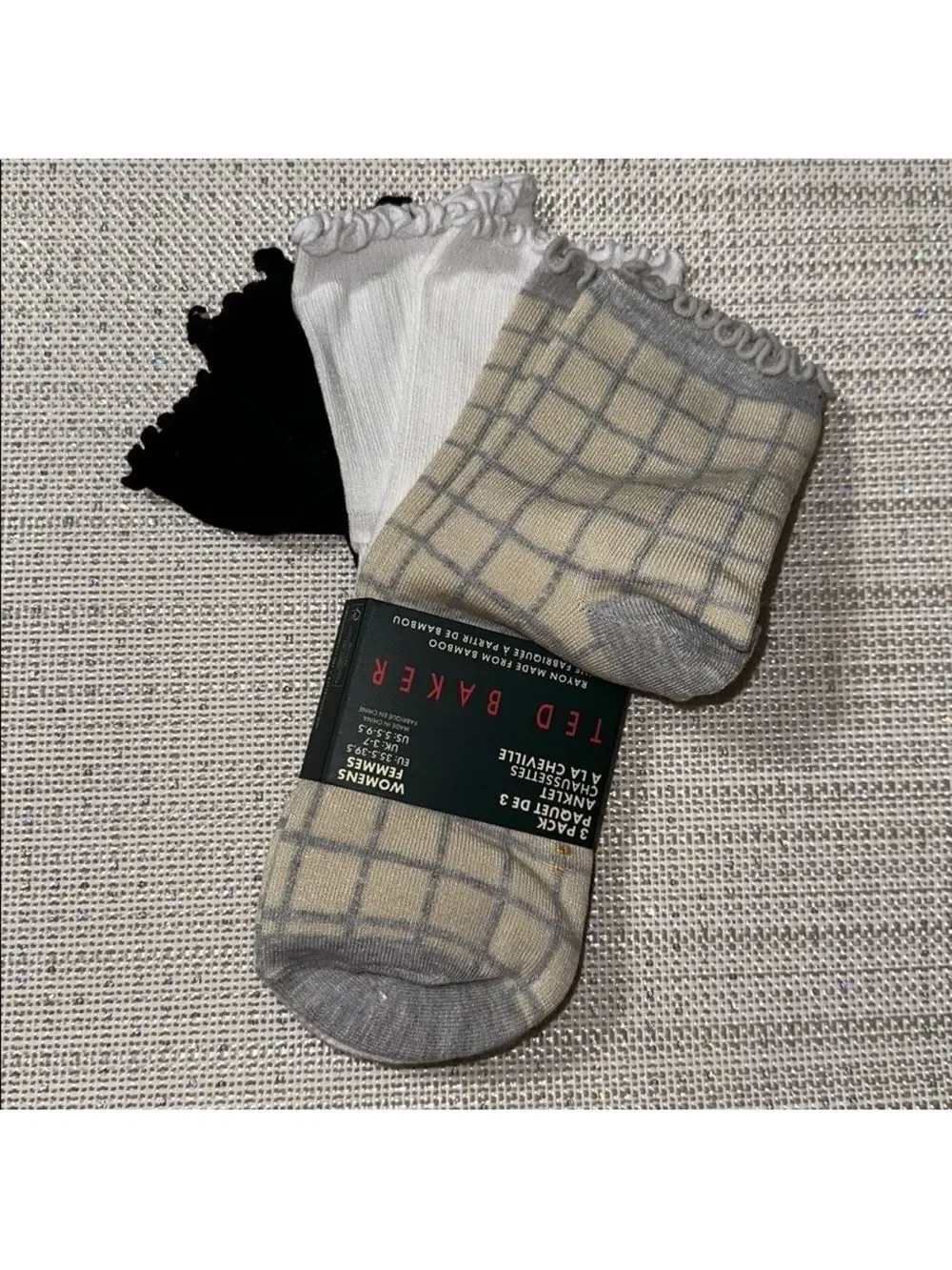 Ted Baker Gray Beige Plaid Black White Dress Crew Cut Bamboo Blend Socks 3 pack